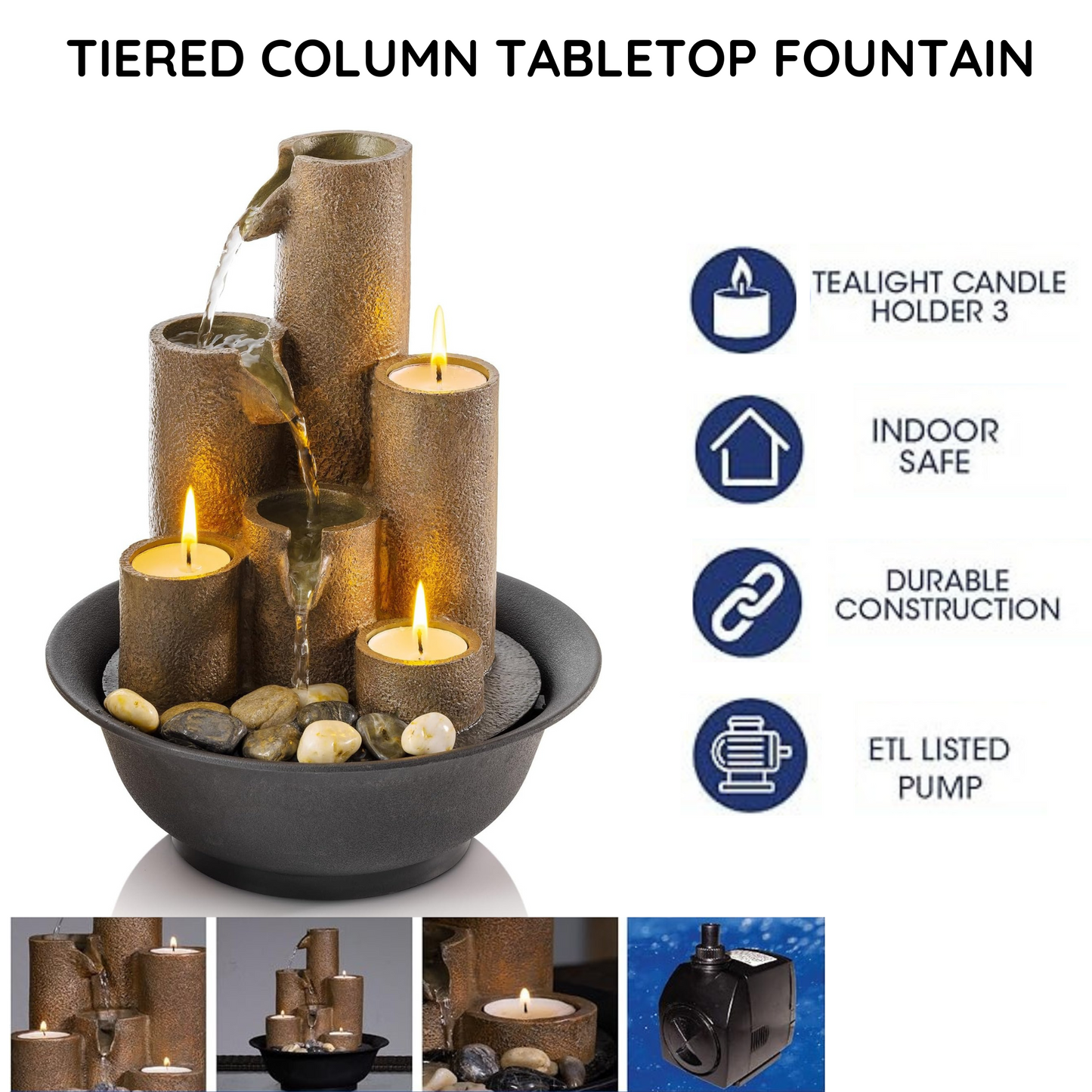 Tabletop Tiered Water Fountain Featuring 3 Candles